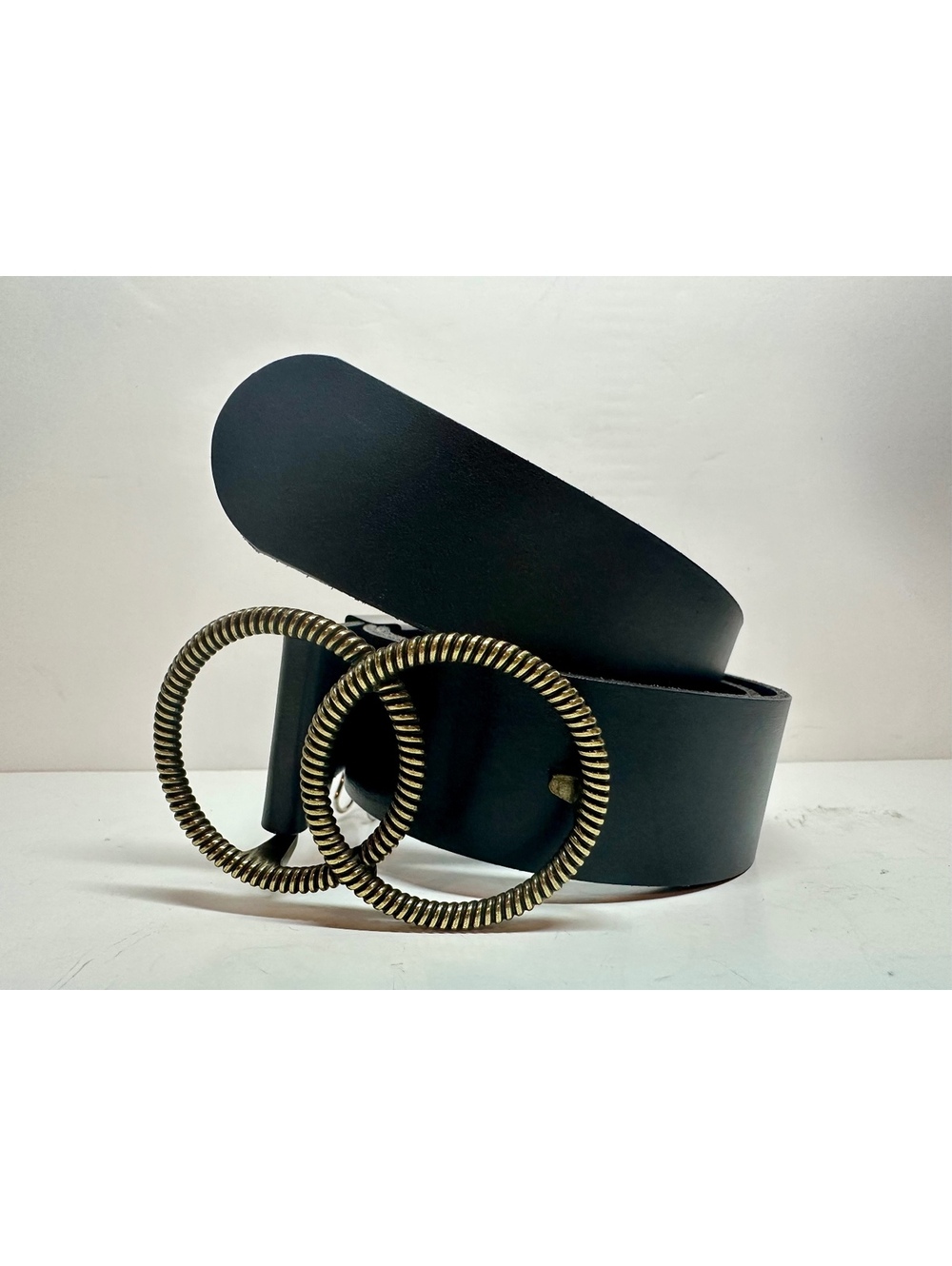 Wide Black Leather Double -Ring Buckle Belt Size S Brand New